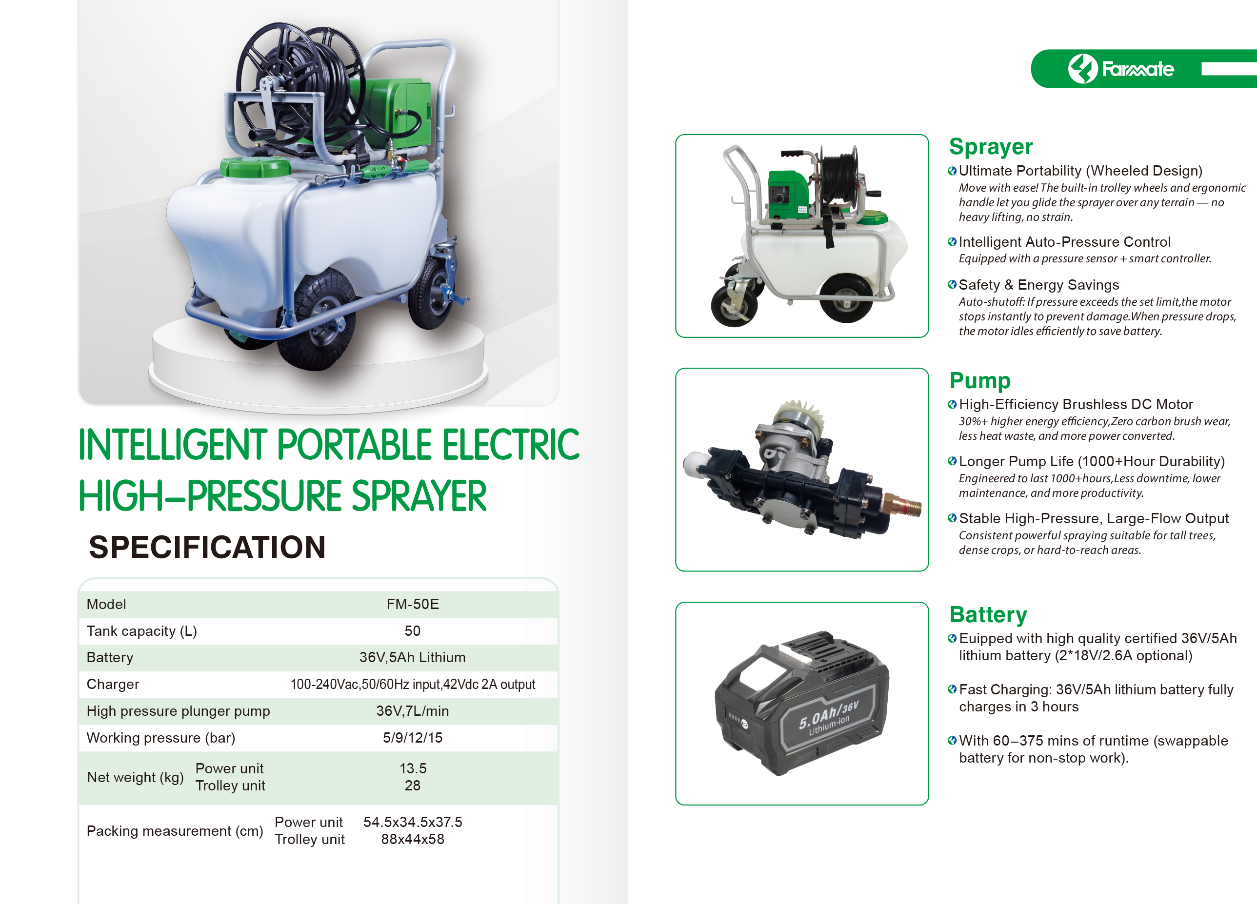 18V-36V Lithium-Ion Cordless High Pressure Battery Sprayer FM-50E